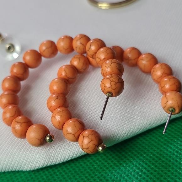 Elegant Coral color beaded Hoop Earrings - Picture 7 of 10